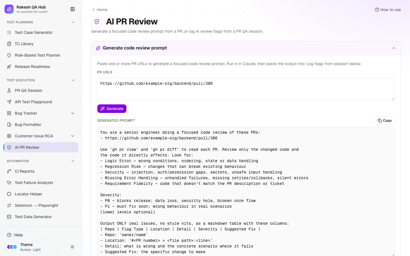 AI PR Review with the prompt generator and logged flags