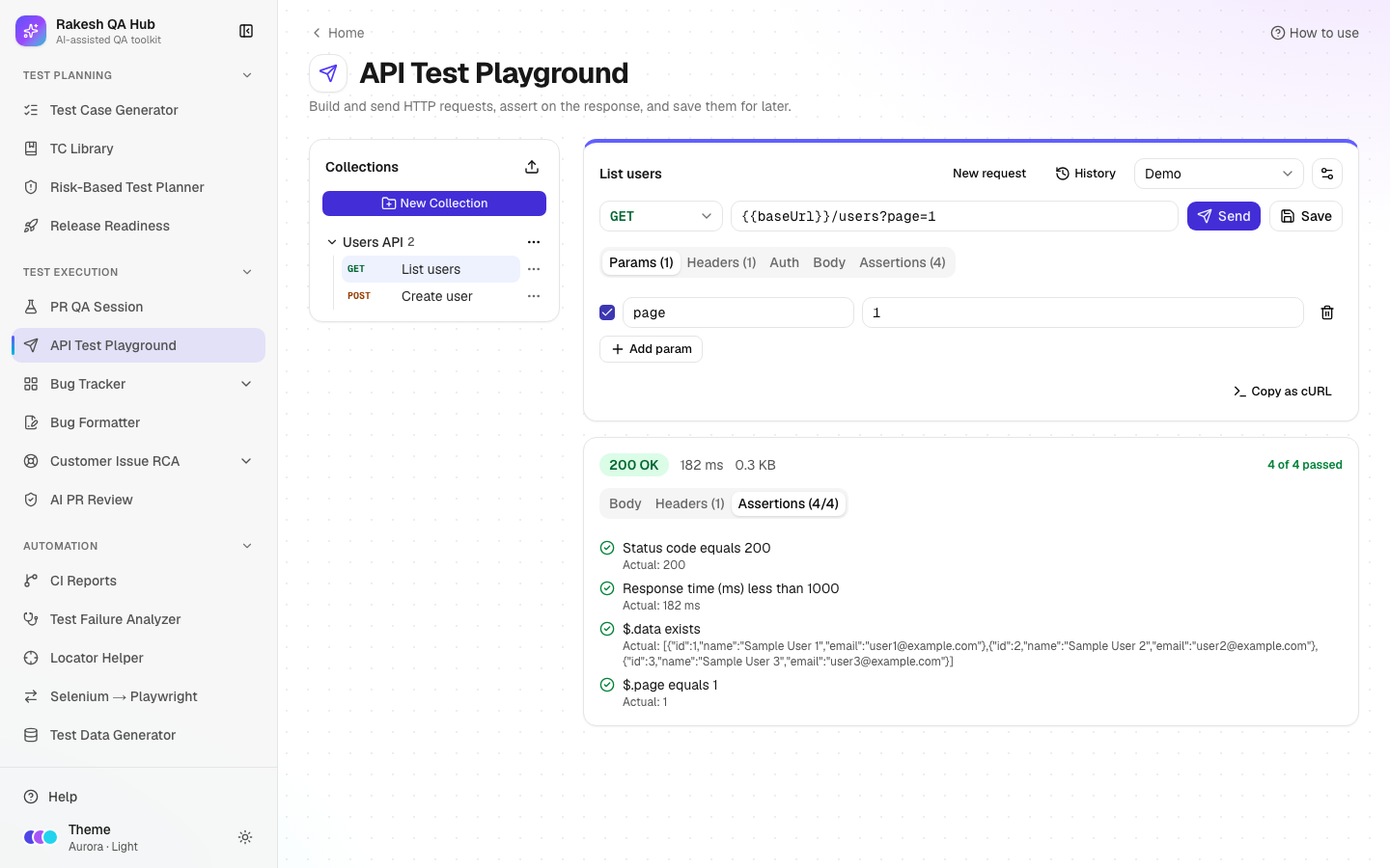 API Test Playground with a request, JSON response and passing assertions