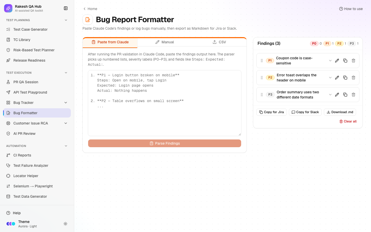 Bug Formatter with parsed findings and export buttons