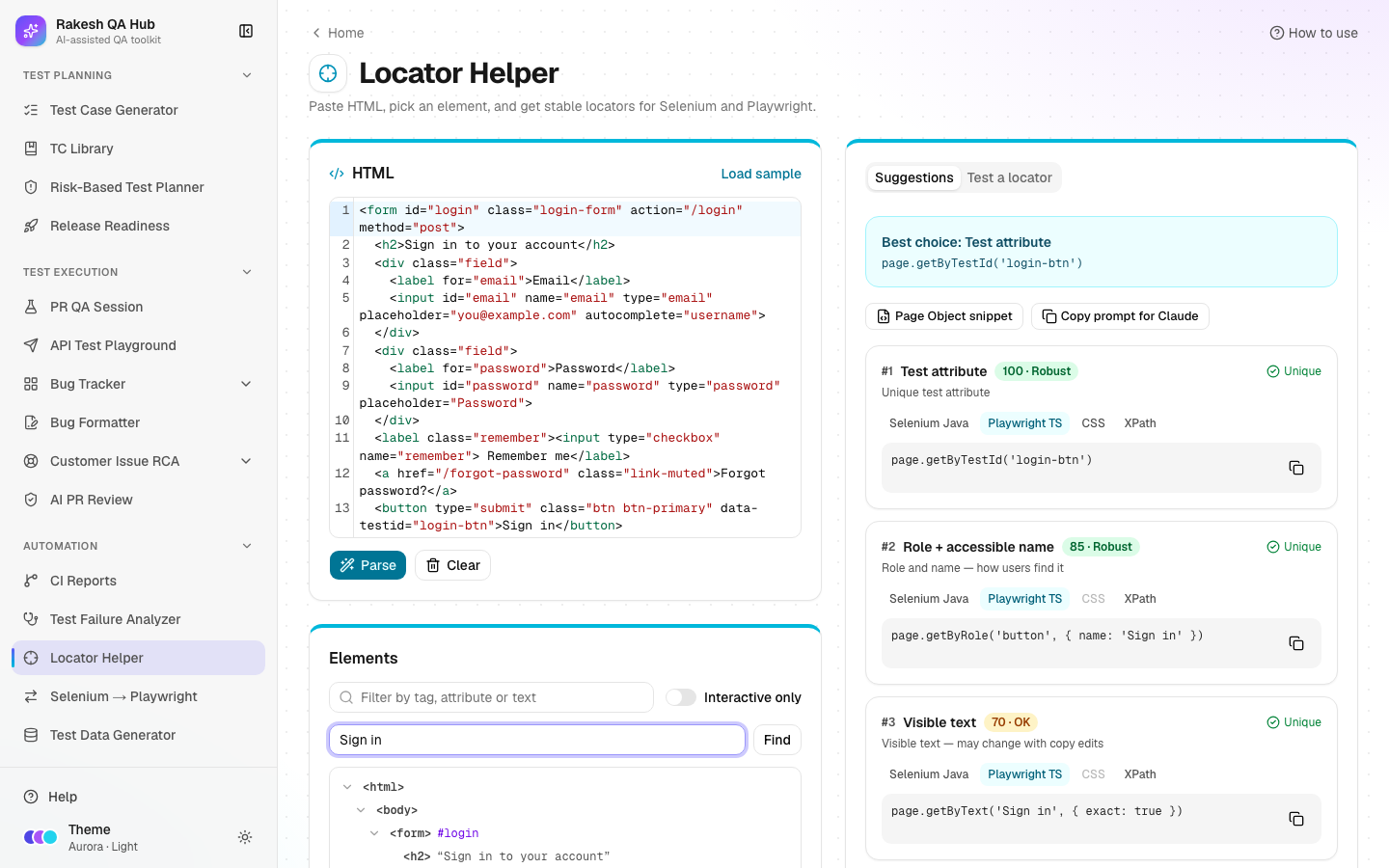 Locator Helper with an element tree and ranked locator suggestions