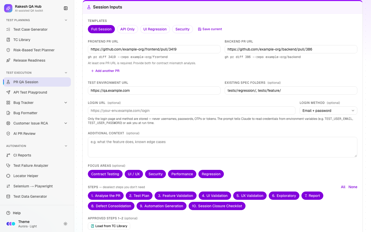PR QA Session with two PR URLs, login method and focus areas