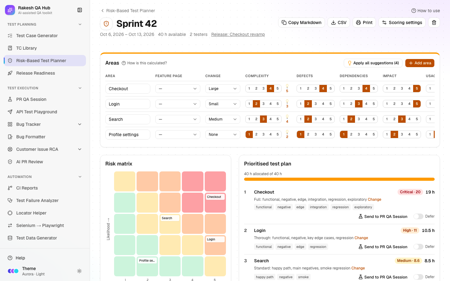 Risk-Based Test Planner with a risk matrix and prioritised plan
