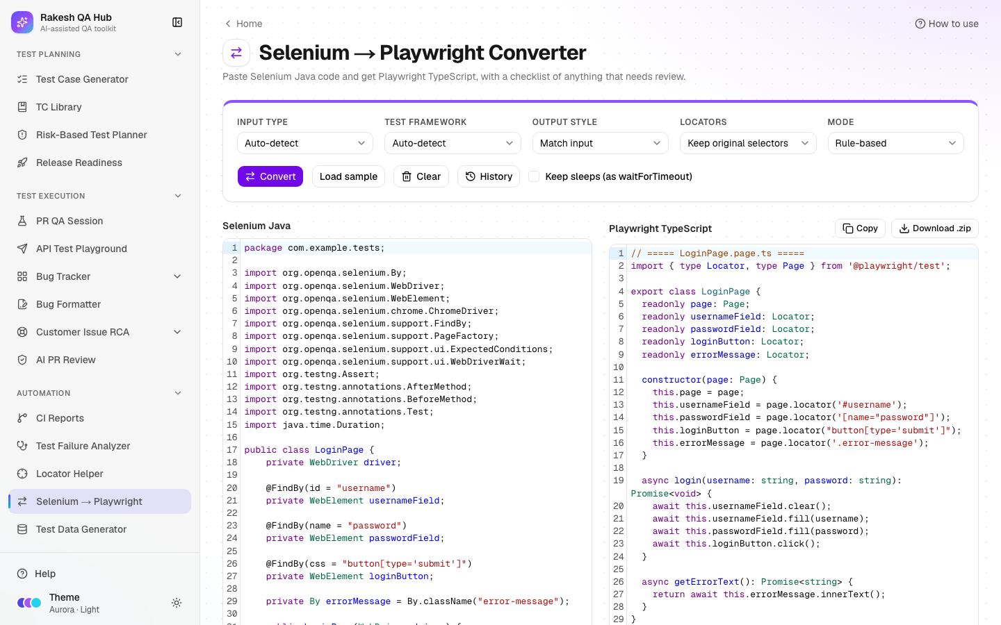 Selenium to Playwright converter with Java input and TypeScript output