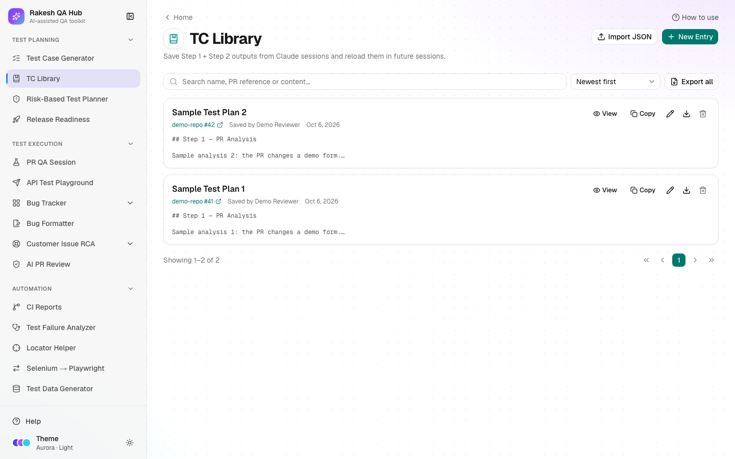 TC Library with saved test plans