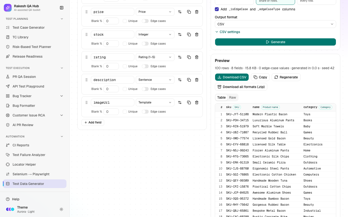 Test Data Generator with the Product preset, options and a preview of generated rows